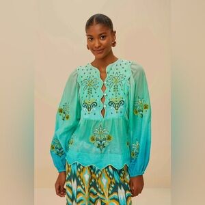 FARM RIO Turquoise Palm Tree Tapestry Blue Wavy Yoke Blouse